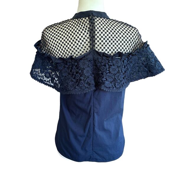 Self-Portrait Top Womens Size 6 Navy Blue Hudson Poplin Lace 100% Cotton NWT - Picture 4 of 10